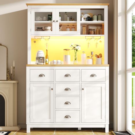 Buffet haut 104x40x180 cm blanc, meuble de rangement style campagne avec 4 portes, LED, porte-bouteilles, étagères et grand espace de stockage (1/5)