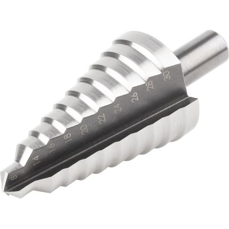 2516000 1 Foret Étagé Diamètres Graduels Ø8-14-16-18-20-22-24-26-28-30 Mm, Hss, Queue Ø 10 Mm, avec Pointe D'amorçage 3 Tranchants, Longueur Utile 52,5 Mm (1/5)