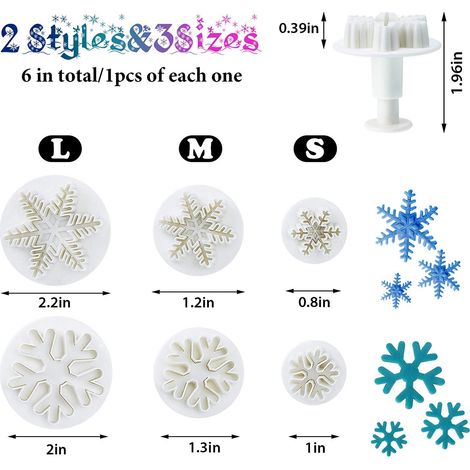Ensemble de 6 emporte-pièces à piston en plastique alimentaire en forme de flocons de neige pour la décoration de gâteaux et fondants. Outils de gaufrage pour la pâtisserie et le bricolage. (1/5)
