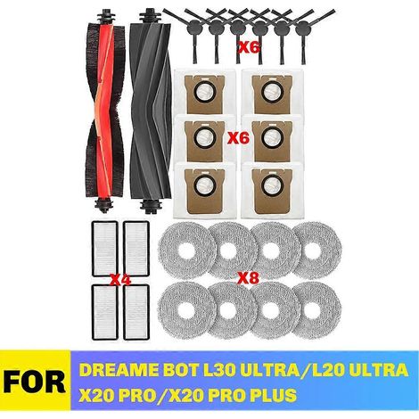 Compatible con Dreame Bot L30 Ultra/L20 Ultra/X20 Pro/X20 Pro Plus: Cepillo lateral principal, paño de limpieza, bolsa para polvo, filtros y accesorios.