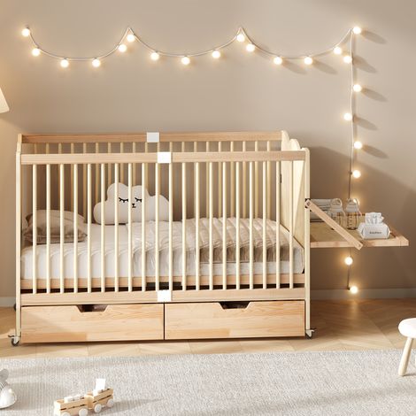Lit bébé à barreaux 70x140 cm en pin massif naturel, sommier réglable 4 hauteurs, table à langer, 2 tiroirs, 4 roulettes verrouillables (1/5)