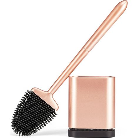 Brosse WC Silicone, Brosse de Toilette Silicone et Support, Balayette WC Suspendu Plate à Séchage Rapide avec Manche Long, Balai Toilette Salle de Bain, Autoportant/Mural, Or Rose Mat