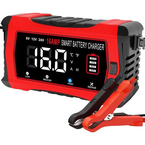 16A Chargeur Batterie Voiture 6V 12V 24V, Chargeur de Batterie Intelligent Entièrement Automatique avec LCD pour Batteries Plomb-Acide (AGM, EFB, Gel, Calcium, SLA, VRLA) et Lithium/LiFePO4 (1/5)