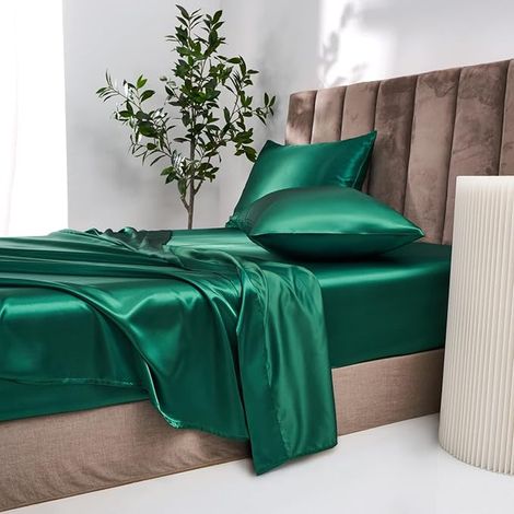 Drap-housse 90x200cm Vert foncé soie Satin Drap-housse matelas 30cm (1/3)