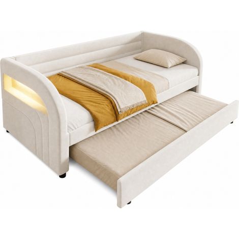 CHICFURN Cama tapizada 90x200 con cama nido extraíble, iluminación LED multicolor, terciopelo beige, ideal para dormitorio infantil, juvenil o de invitados (1/5)