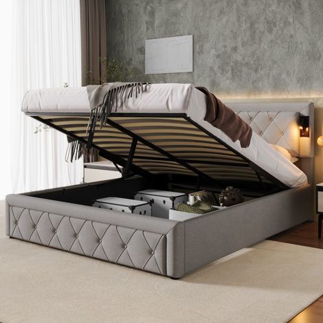 letto contenitore 160x200 USB LED lino grigio OKMYHOME (1/5)