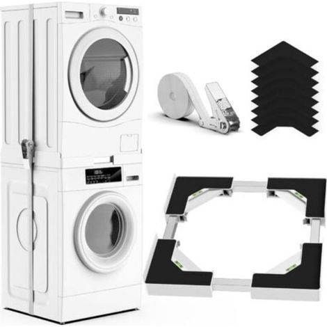 Support universel superposable pour lave-linge et sèche-linge – Châssis réglable en hauteur, compatible avec appareils de 45 à 68 cm de largeur – Blanc
