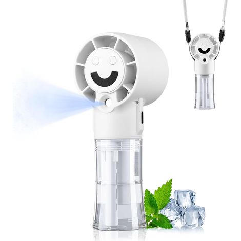 Ventilateur Brumisateur Portable, Mini Ventilo Portable Rechargeable USB, 4 Vitesses, Ventilateurs de Poche avec Lanière, Ventilateur à Main Pour Bureau, Extérieur et Voyage(Blanc) (1/5)