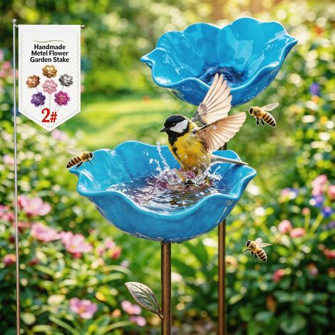 vaschette per uccelli in metallo con fiori, spiedini da giardino fatti a mano, vaschette per uccelli resistenti all'inverno e acqua per insetti, bavaglini da giardino e patio 2 pezzi (1/5)