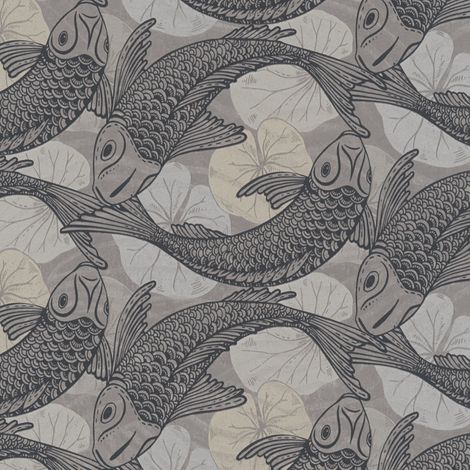 Vinyl Wallpaper Grey Beige Koi Fish Pond Metallic Japanese Textured
