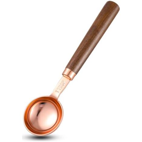 Cuillère doseuse à café, 2 pièce de 15 ml, 2 cuillère à soupe rétro or rose, cuillère doseuse avec poignée en bois de noyer et acier inoxydable pour café moulu, grains de café, thé, matcha (1/5)