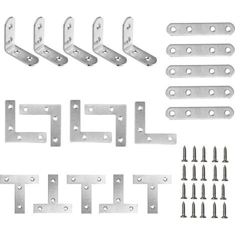 Set di 20 staffe angolari in acciaio inox, staffe angolari in metallo, staffe angolari per sedie, staffe angolari piatte in metallo, staffe di fissaggio ad angolo retto, staffe a T, staffe di riparazi (1/5)
