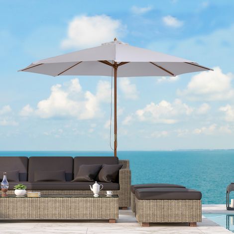 Ombrellone Outsunny Ø 300 cm, Ombrellone con protezione UV, Ombrellone da balcone in legno, Ombrellone da spiaggia robusto, Ombrellone da mercato, Parasole per spiaggia, terrazza, giardino, Bianco