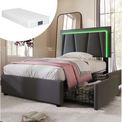 MEUBLIV Lit simple rembourré avec éclairage LED et 2 tiroirs de rangement tête de lit réglable en hauteur tissu gris 90x200 cm cadre de lit avec télécommande structure en bois et fer (1/4)