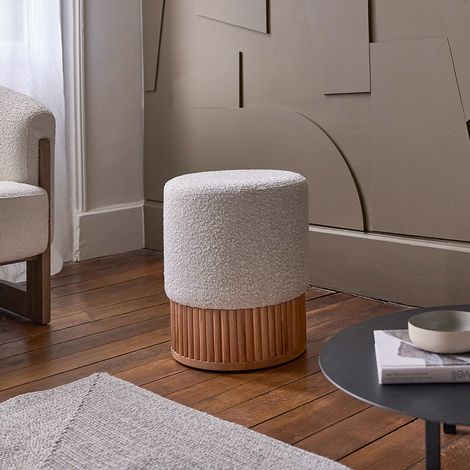 Pouf en teck massif et tissu bouclette 38 cm (1/5)