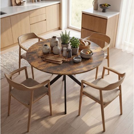 MODFU – Tavolo da pranzo rotondo Ø100 cm in legno e acciaio per 4 persone con gambe a X regolabili e stile industriale – Marrone rustico (1/5)