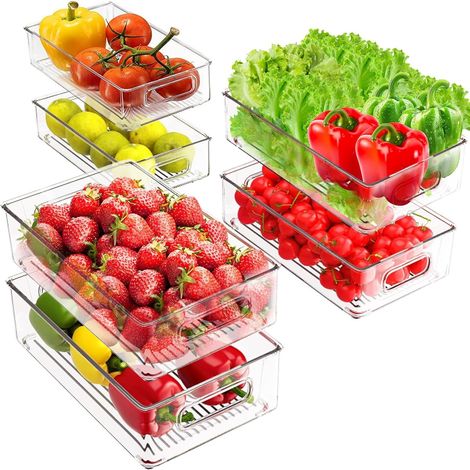 6Pcs 3 Tailles Boite Rangement Frigo Transparent avec Poignée, Empilable Organisateur Frigo Sans BPA, Bacs Organisation pour Réfrigérateur,Cuisine,Armoires,Placards,Garde-Manger,Congélateur,Tiroir (1/5)