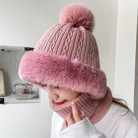 Beauvie-Ensemble bonnet et cache-cou chauds en maille pour femme, rose, avec pompon en fourrure et doublure polaire épaisse et douce. (1/5)