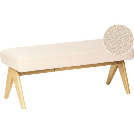 Banco de cama asiento de entrada de bouclé patas de madera blanco crema y marrón claro Tamre