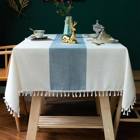 Nappe lavable lin-coton avec pompons, 140x180cm, Blanc/Bleu