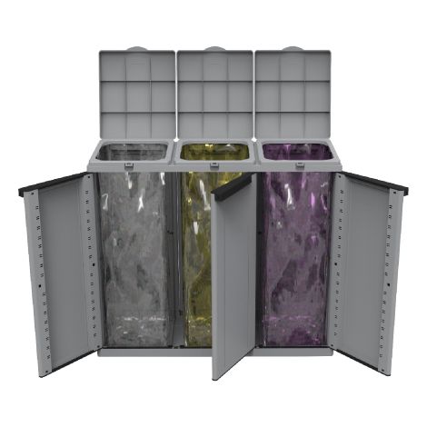 Cache-poubelle 3 portes en résine antichoc – Tri sélectif 102x39x87h – Porte-sac refermable avec couvercle et ouverture frontale – Terry