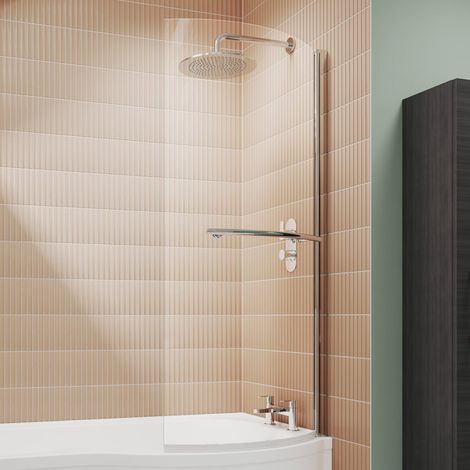 700mm P Shape Chrome Bath Shower Screen & Towel Rail Bathroom Hinged Frameless (1/4)