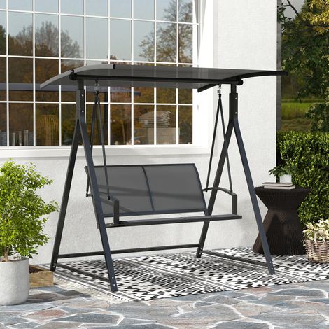 Balançoire jardin 2 places auvent réglable structure métallique triangulaire charge 220kg 160x112x162cm, gris