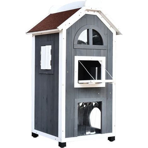 Casa per gatti in legno grigio con tetto in asfalto 59 x 55 x 109 cm (1/4)