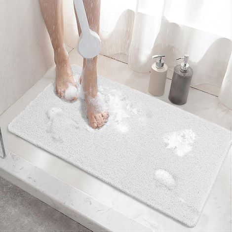 Tapis de douche antidérapant, 60 x 40 cm, tapis de baignoire antidérapant avec bonde, tapis de bain en PVC souple, blanc (1/5)