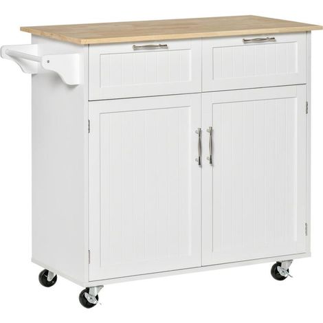 CARRELLO DA CUCINA MULTIUSO IN LEGNO CON 2 CASSETTI ARMADIETTO E 4 RUOTE BIANCO (1/5)
