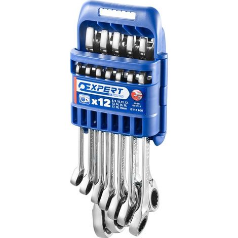 Expert – Jeu de 12 clés mixtes à cliquet E111106 – Forgées en acier Chrome Vanadium – Tête orientée 15° pour accès étroit – Rack plastique inclus