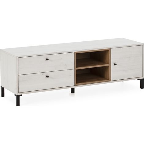 Mueble TV SIDNEY 2 cajones y 1 Puerta. Color Blanco y Madera. 136.5 cm (Ancho) 40 cm (Profundo) 47 cm (Altura)