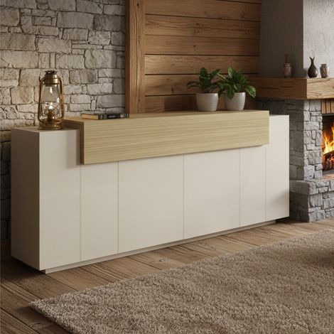 Aparador Pulfero, Alacena 3 Estantes, 5 Puertas Hecho en Italia, 8 Compartimentos, 200x45x85.5h cm Beige (1/5)