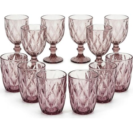 Set 12 Bicchieri Rosa Crystal Pink 6 Calici con Piede 26 cl e 6 Bicchieri 29 cl  in Pasta di Vetro con Design Diamante per Acqua e Vino Ideale per Casa e Ristoranti ELEGANTI DI STILE