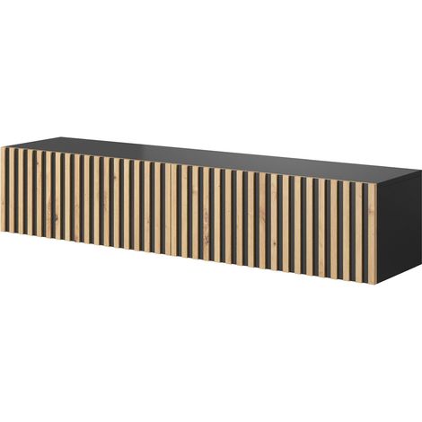 Meuble TV Suspendu Armoire De Télévision 138,6 cm À Lamelles Noir (1/5)