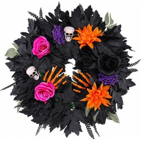 Halloween-Kranz – schwarze Blätter und bunte Blumen, verziert mit einem Totenkopf und Geisterklauen, 50 cm – Türdekoration (1/5)