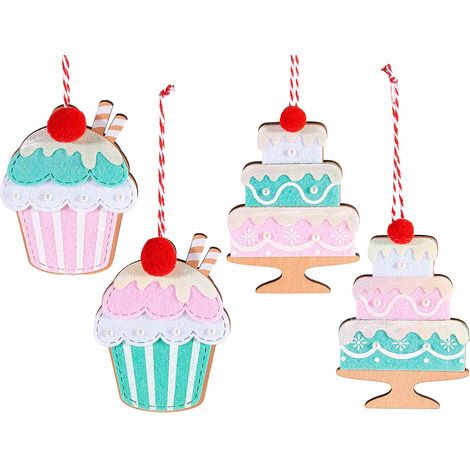 Addobbi albero di Natale a dolcetto torta / cupcake in legno e feltro colorato da appendere, set da 16 pezzi, cm 8 x 11,5 H