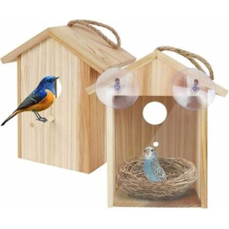 Nichoir avec fenêtre, ventouse puissante et cordon de serrage pour une utilisation en extérieur – nichoir en bois amélioré pour l'extérieur, nid transparent pour une observation facile des oiseaux, ca
