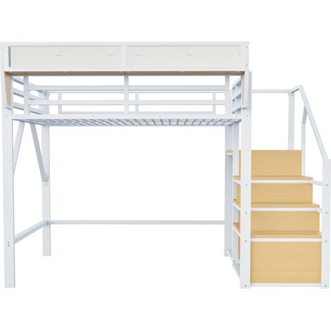 Lit mezzanine 140x200 avec échelle de sécurité et rangement flexible, lit en métal pour adultes et enfants, blanc (1/5)