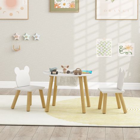 Conjunto infantil de 3 piezas: 1 mesa redonda, 2 sillas, respaldo con forma de oso, para actividades, manualidades y comidas, para niños de 3 a 6 años. (1/5)