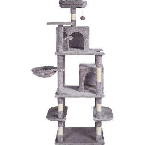 Mophorn Cat Tree for Indoor Cats, 68.5" Cat Tower with 2 Cat Condos, Sisal Scratching Post, Hammock, Top Perch, Jumping Platforms, Large Cat Furniture Activity Center with Hang Ball, Light Grey (1/5)