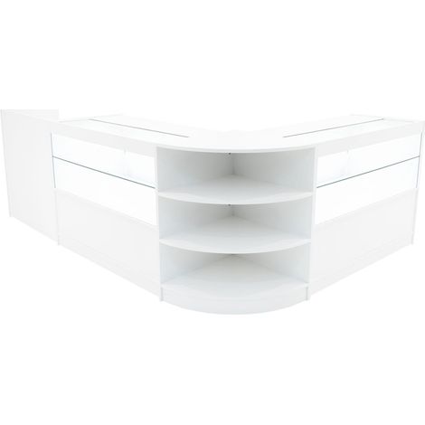 Set Mostradores Comerciales "ECLIPSE" Blanco LM60 + 2xC1200 + TB60 MDF y vidrio templado Estantes y puertas corredizas con cerradura Fácil Montaje Mostrador Recepción Expositor Comercial Mesa
