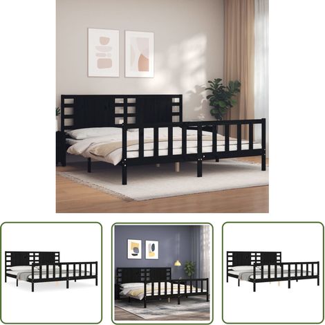 The Living Store Massivholzbett mit Kopfteil Schwarz 200x200 cm - Holzbett - Massives Kiefernholz - Lattenrost - Boxspringbetten - Doppelbett (1/5)