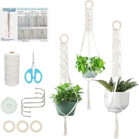 ORIGACH 3 Set DIY Makramee Pflanzenaufhänger Kit für Anfänger, handgefertigte Decke Pflanzenaufhänger Set, Moderne Makramee Boho hängenden Pflanzkorb Halterungen für Zimmerpflanzen