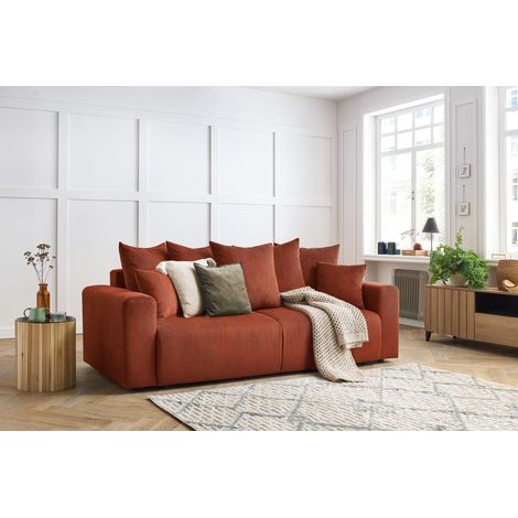 Bobochic – Canapé droit fixe 3 places – Revêtement velours côtelé orange – Longueur 240cm – Style bord de mer – Confort ferme pour moments conviviaux (1/5)