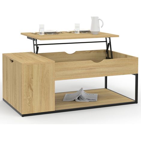 Idmarket – Table basse relevable rectangulaire avec coffre en bois et métal – Dimensions 100x55x40cm – Mécanisme en acier laqué époxy – Style industriel (1/5)