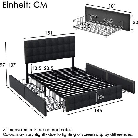 Lit double noir 140x200 cm - sommier à lattes avec 4 tiroirs de rangement, tête de lit ajustable en hauteur, design matelassé carré, cadre en métal, revêtement lin (1/4)