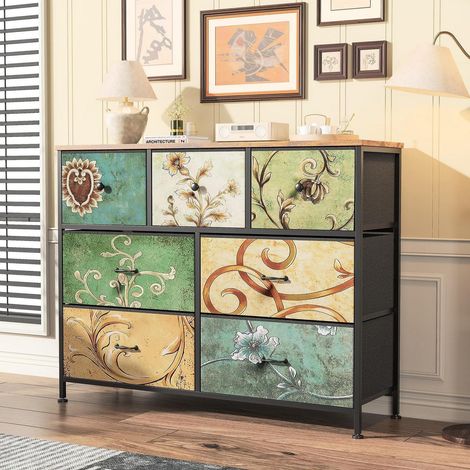 Kommode mit 7 Schubladen, Stoffschrank mit Holzplatte, Metallgestell, für Wohnzimmer, Schlafzimmer, Flur (1/5)