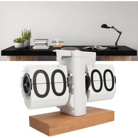 Automatische Vintage-Klappuhr – Minimalistisches Digitalzifferblatt aus Buchenholz und PVC – Mattweißes 24-Stunden-Modell – 14 cm x 20,5 cm mit rutschfestem Boden, ideal für Büro, Wohnzimmer oder als