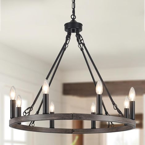 Lustre Noir, 8 Lumières Lustre en Forme de Roue de Charrette, Suspension Plafonnier Industriel pour Salon, Salle à manger, Cuisine, Couloir, Chambre, Hauteur Réglable (1/5)